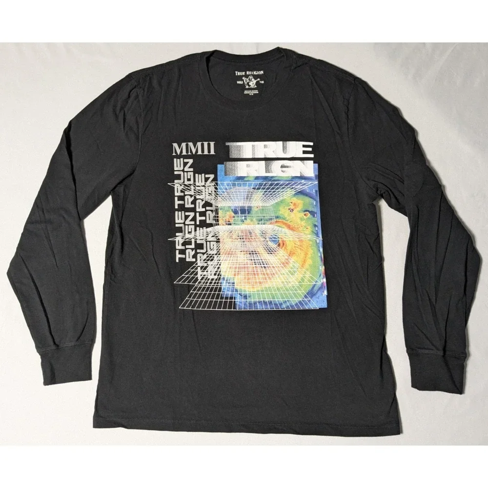 TRUE RELIGION‎ Hurricane Long Sleeve Black Graphic T-Shirt - Men Medium EUC